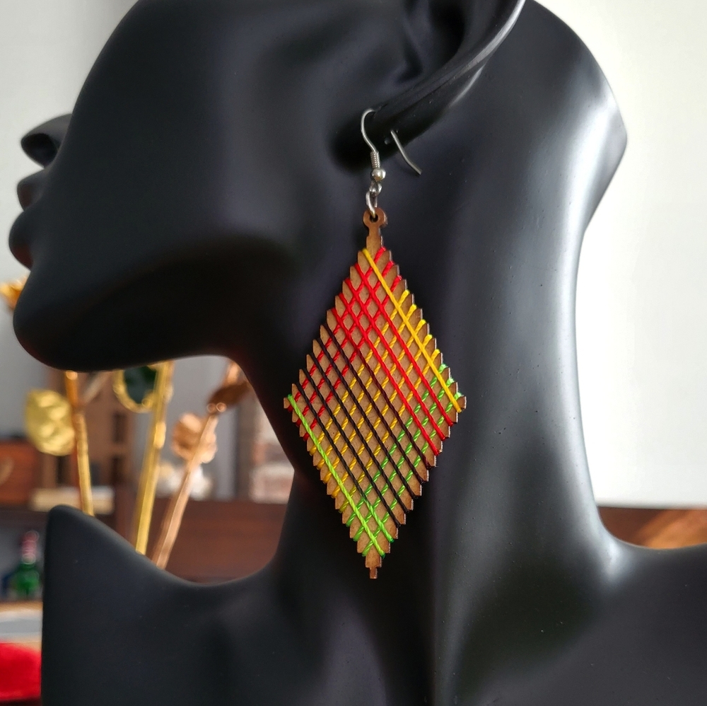 Handmade Multicolor Geometric Wooden Earrings - Picture 6 of 7